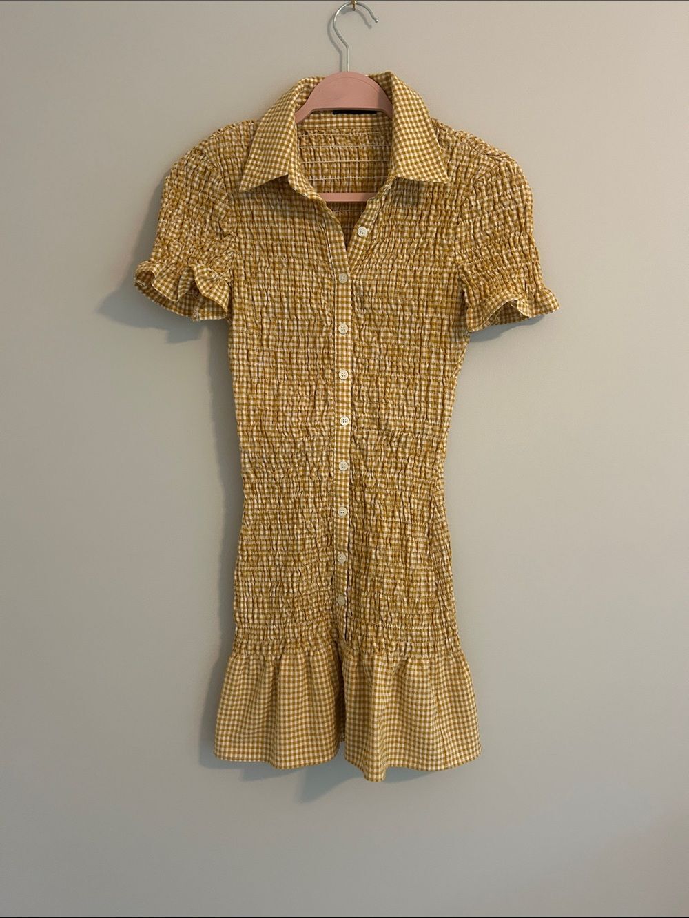 Zara Yellow Gingham Smocked Mini Dress Ruffle Cottagecore Size XS Fall Transtion